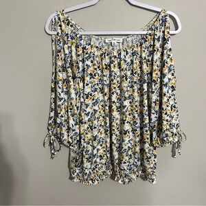 Perseption Concept Yellow Floral Cold Shoulder 3/4 Sleeve Top size XL